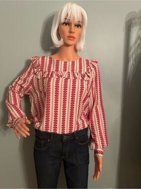 Boden Floral Striped Ruffle Long-Sleeve Top